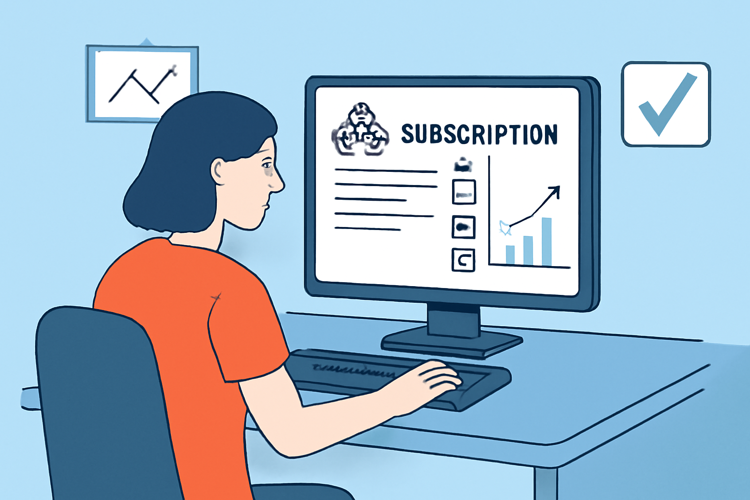 A QA engineer testing a blockchain-based subscription system on a computer, with graphs and checkmarks indicating successful tests.