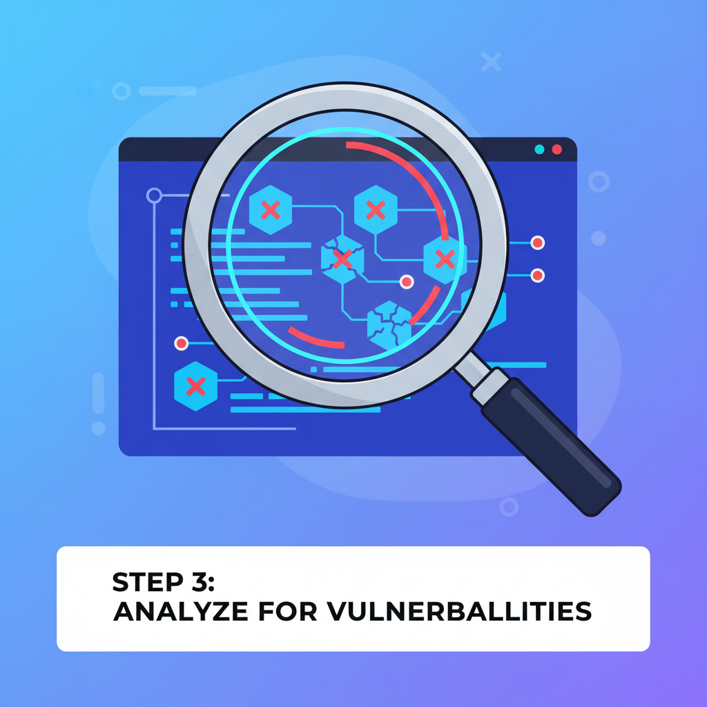 magnifying glass inspecting blockchain code for vulnerabilities, tech style