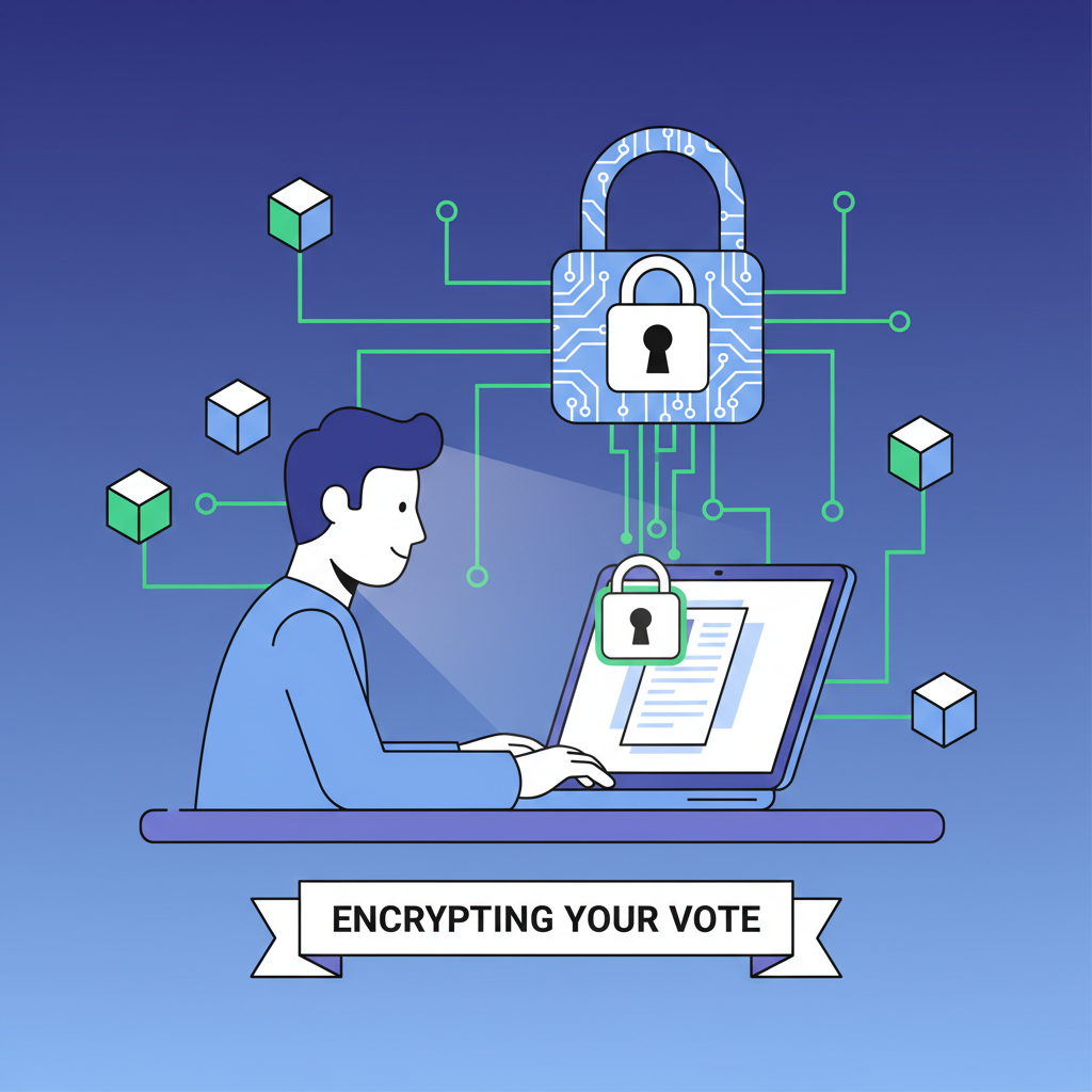 user encrypting ballot on laptop with padlock icon, blockchain background