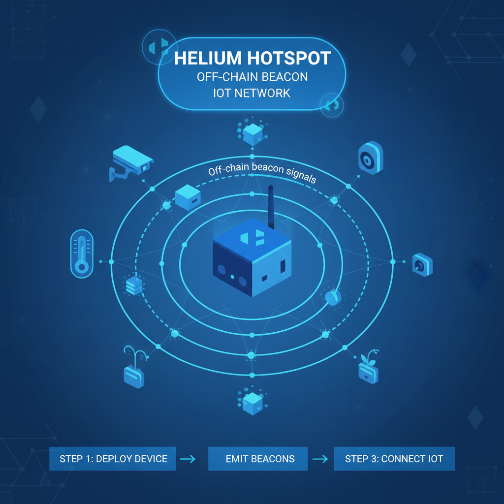 Helium hotspot device emitting off-chain beacon signals, futuristic IoT network, technical diagram, blue tones