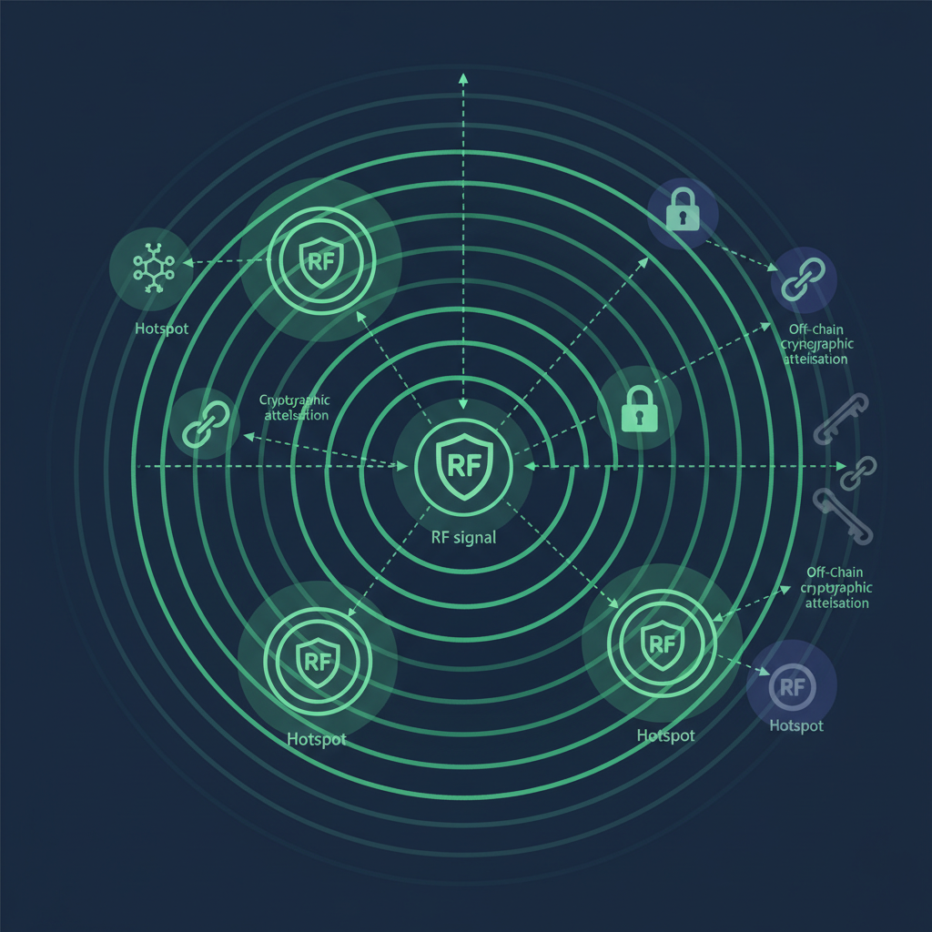 Hotspots witnessing RF signals off-chain, cryptographic attestation icons, realistic radio waves decaying, green network map