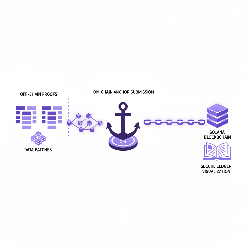 On-chain anchor submission to Solana blockchain, data batches anchoring off-chain proofs, secure ledger visualization, purple blockchain links