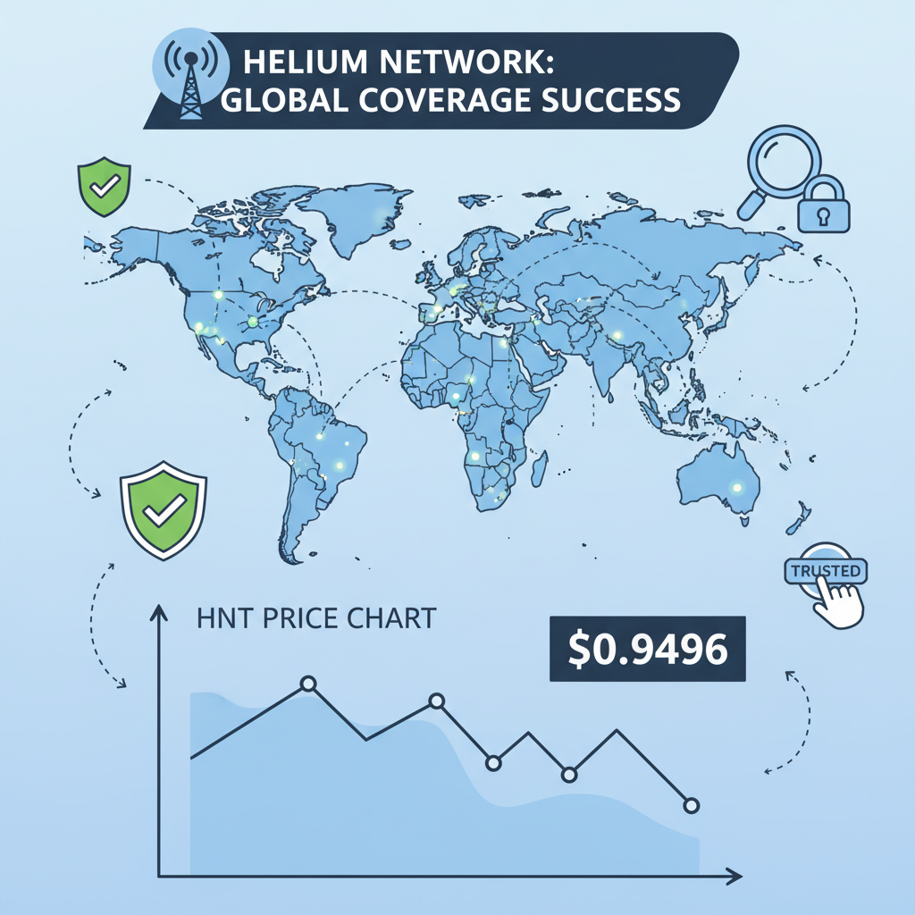 Helium network real-world map with verified hotspots, HNT price chart at $0.9496, anti-fake icons, global coverage success