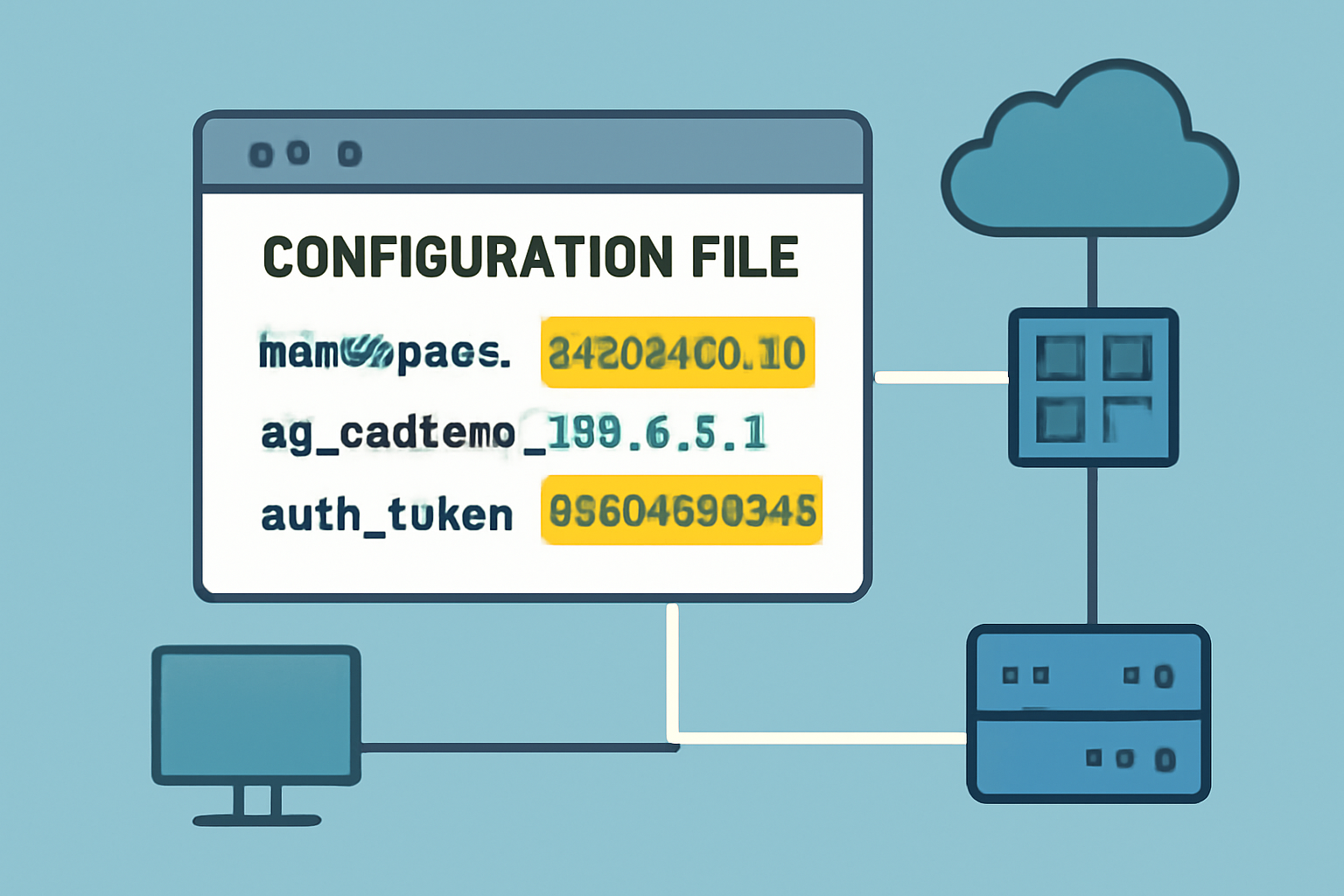 A configuration file open on a screen, with highlighted fields for namespace, DA address, and authentication token, overlayed on a network diagram.