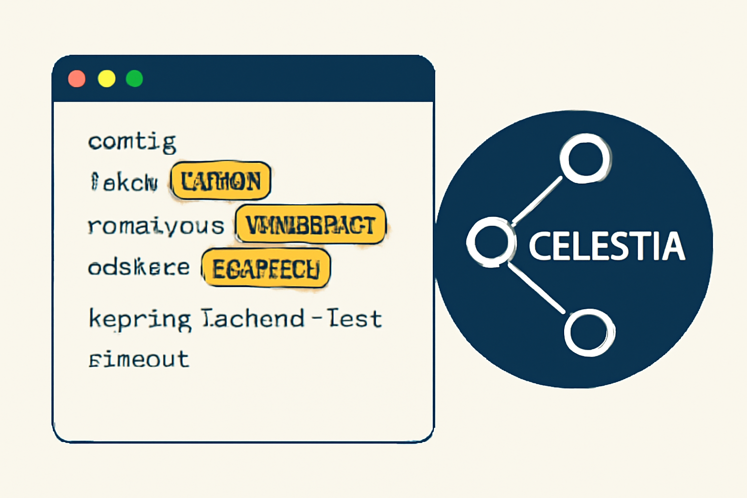 A configuration file open in a code editor, highlighted fields for token, namespace, and address, with a stylized Celestia network diagram in the background.