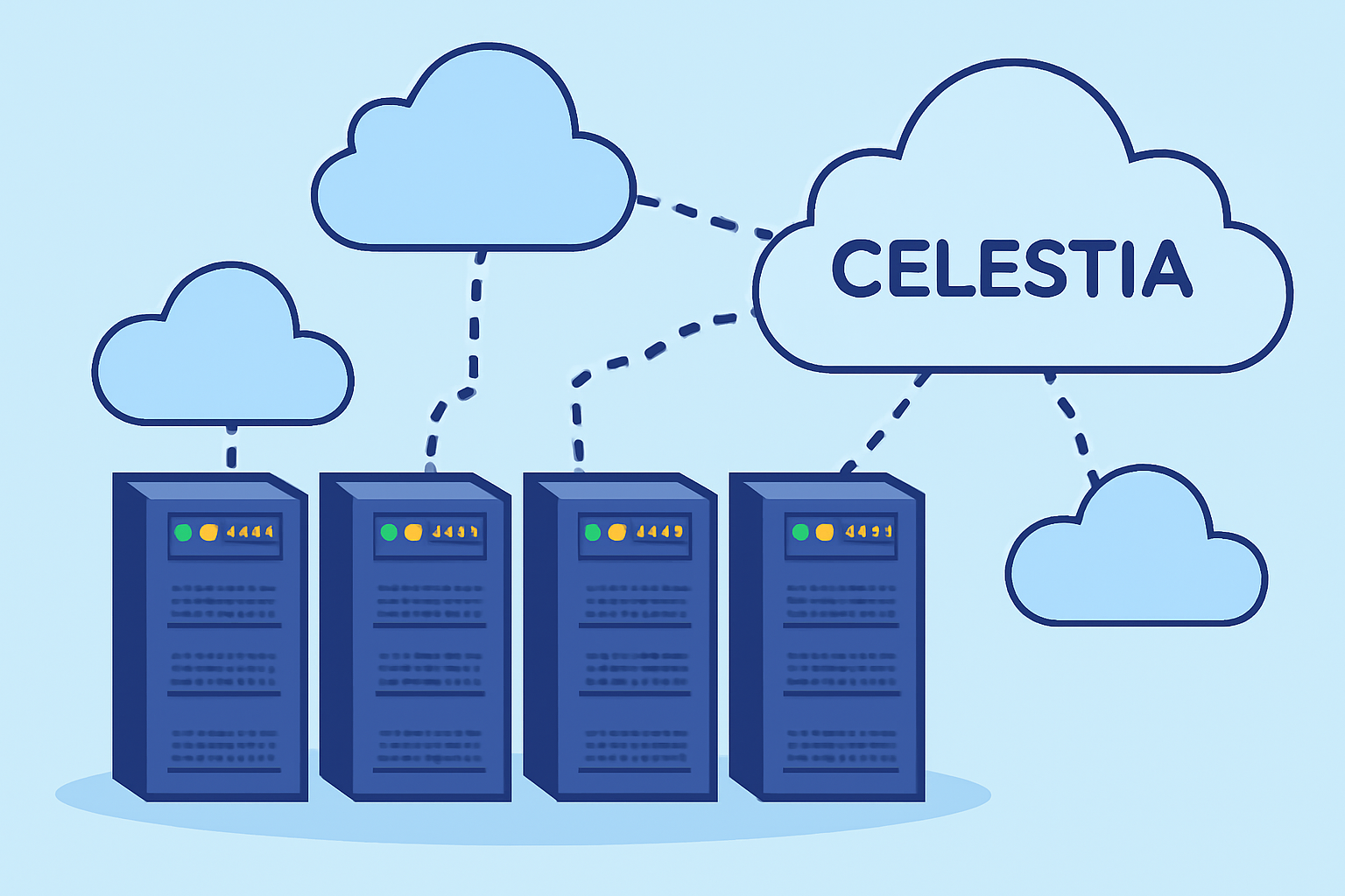 A server room with multiple nodes running, each posting data to a large, scalable Celestia network visualized as interconnected clouds.