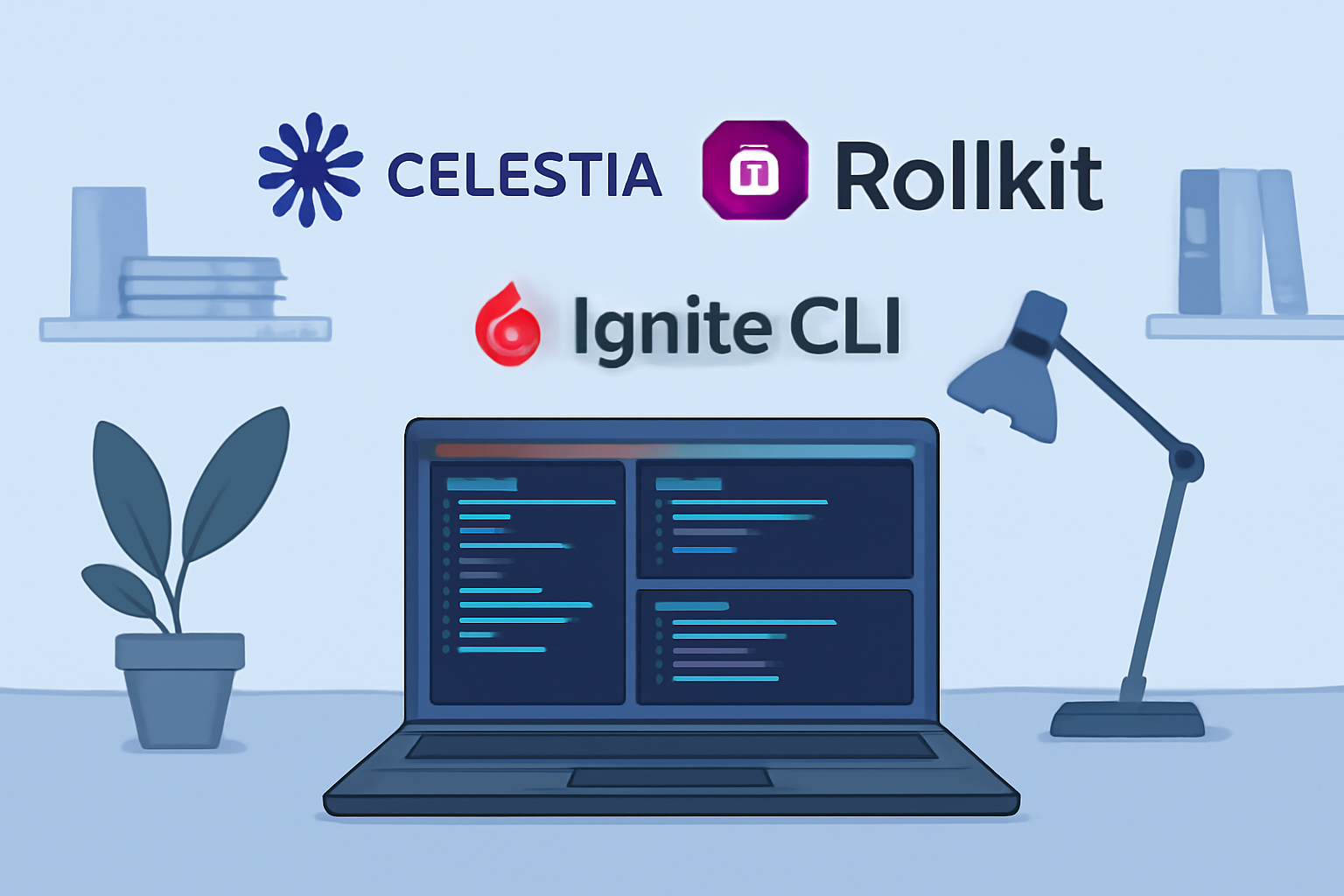 A developer's workspace with a laptop, terminal windows open, and logos for Celestia, Rollkit, and Ignite CLI, set in a modern tech environment.