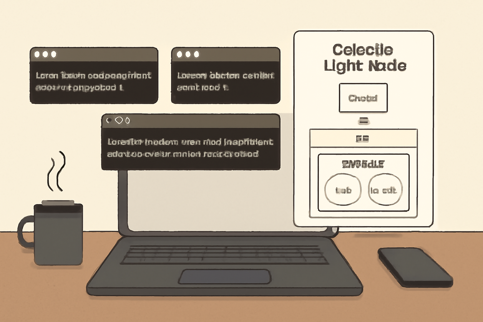 A developer workstation with terminal windows open, showing installations of Ignite CLI, Go, and Rollkit, alongside a schematic of a Celestia light node.