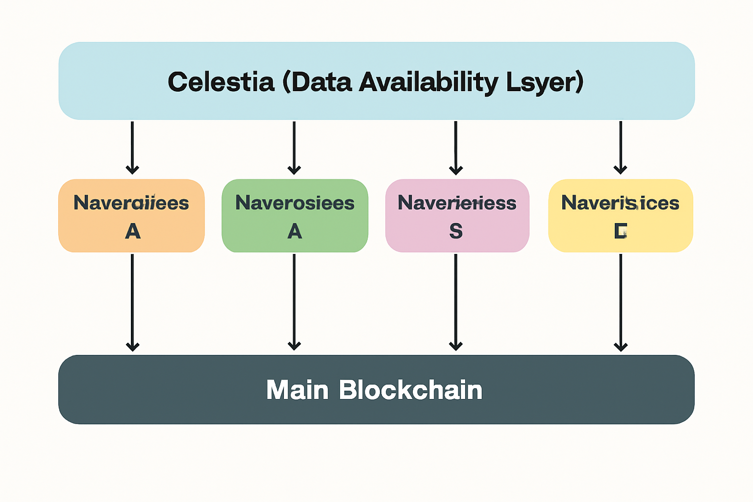 A conceptual diagram showing Celestia's data availability layer with multiple namespaces, each representing a different rollup, connected to a main blockchain.