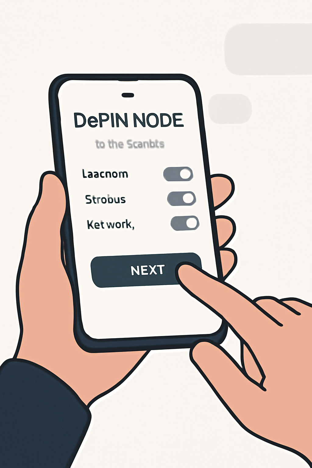 User configuring a DePIN node app on a smartphone, with toggles for permissions and a clear setup wizard, in a minimalist, modern UI.