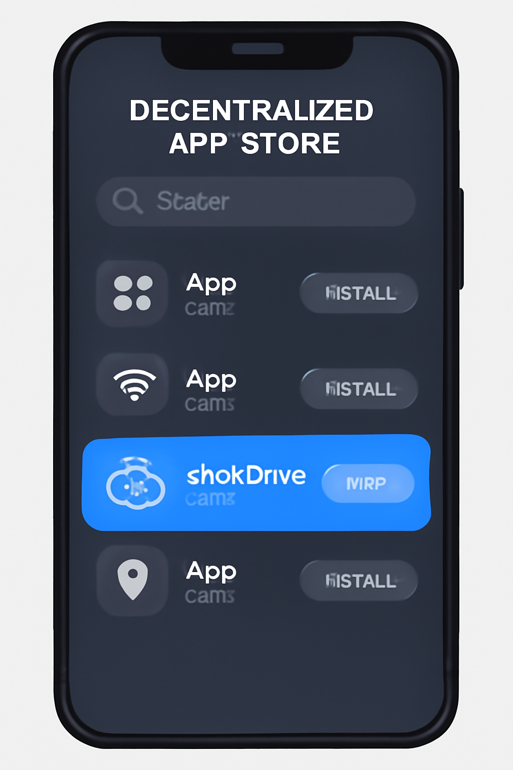 A smartphone displaying a decentralized app store with DePIN applications, highlighting the shdwDrive app, in a sleek, tech-savvy style.