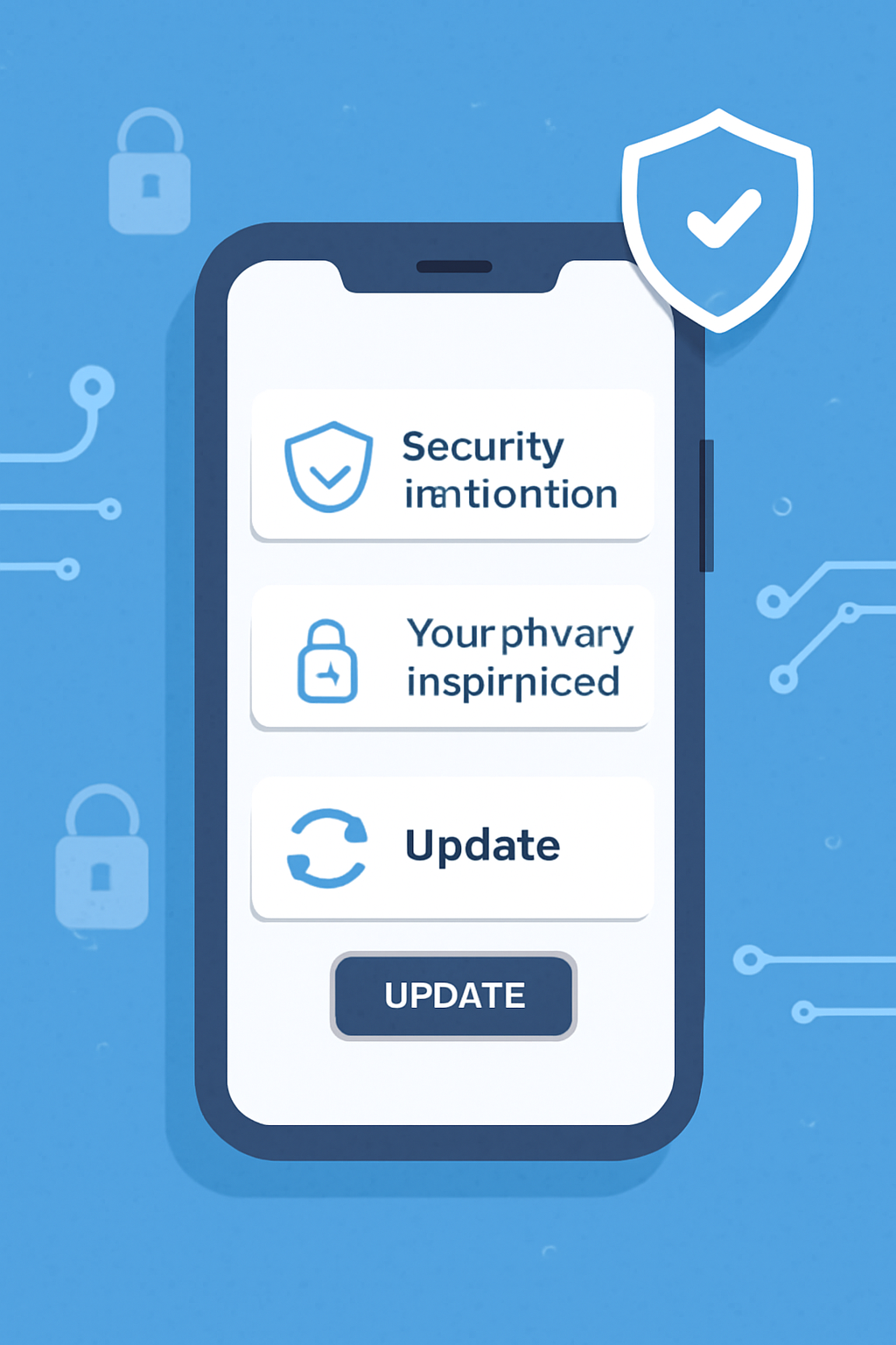 A mobile device displaying security notifications and update prompts, emphasizing privacy and protection, in a secure digital environment.