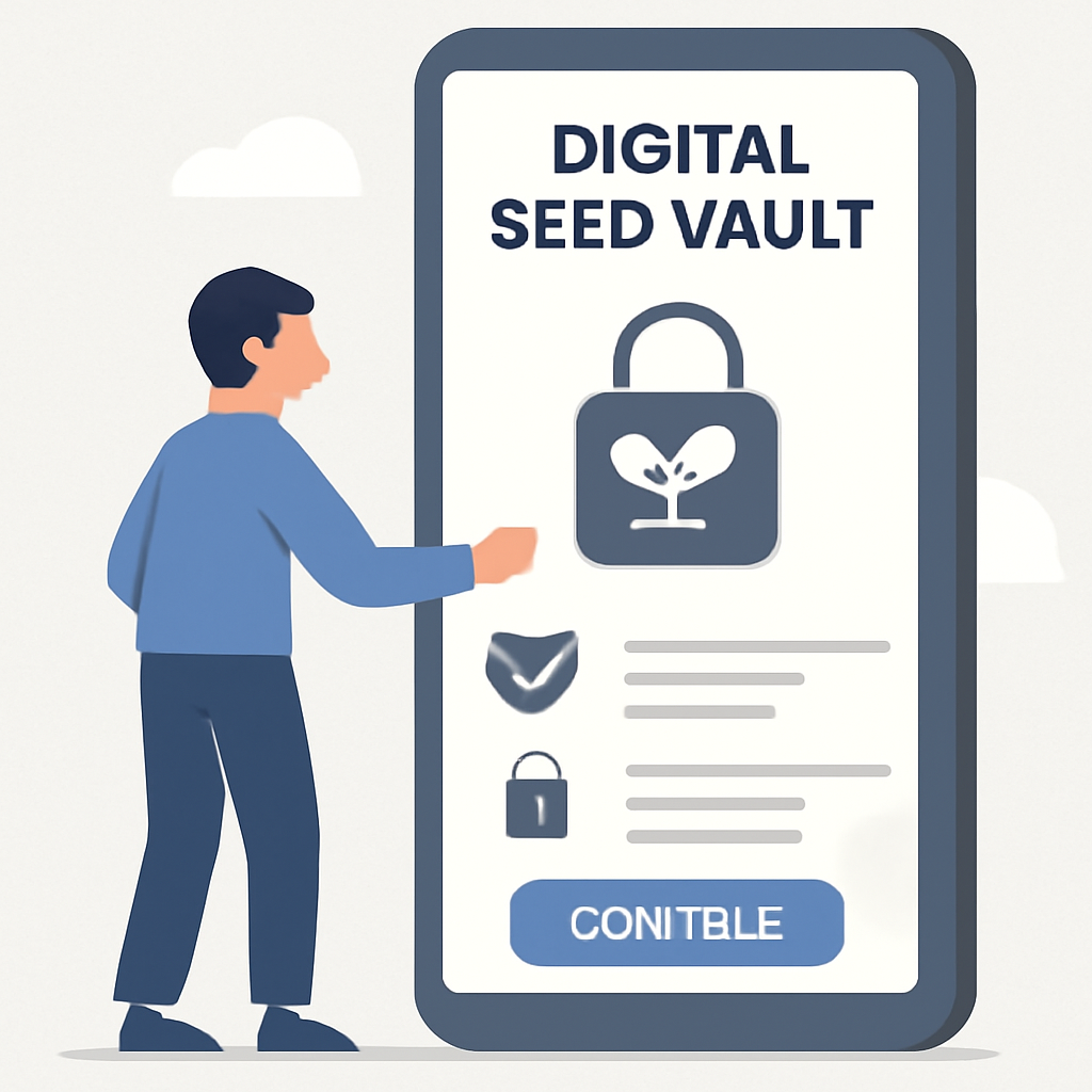 A person setting up a digital seed vault on a smartphone, with secure icons and a modern mobile interface, in a clean and bright environment.