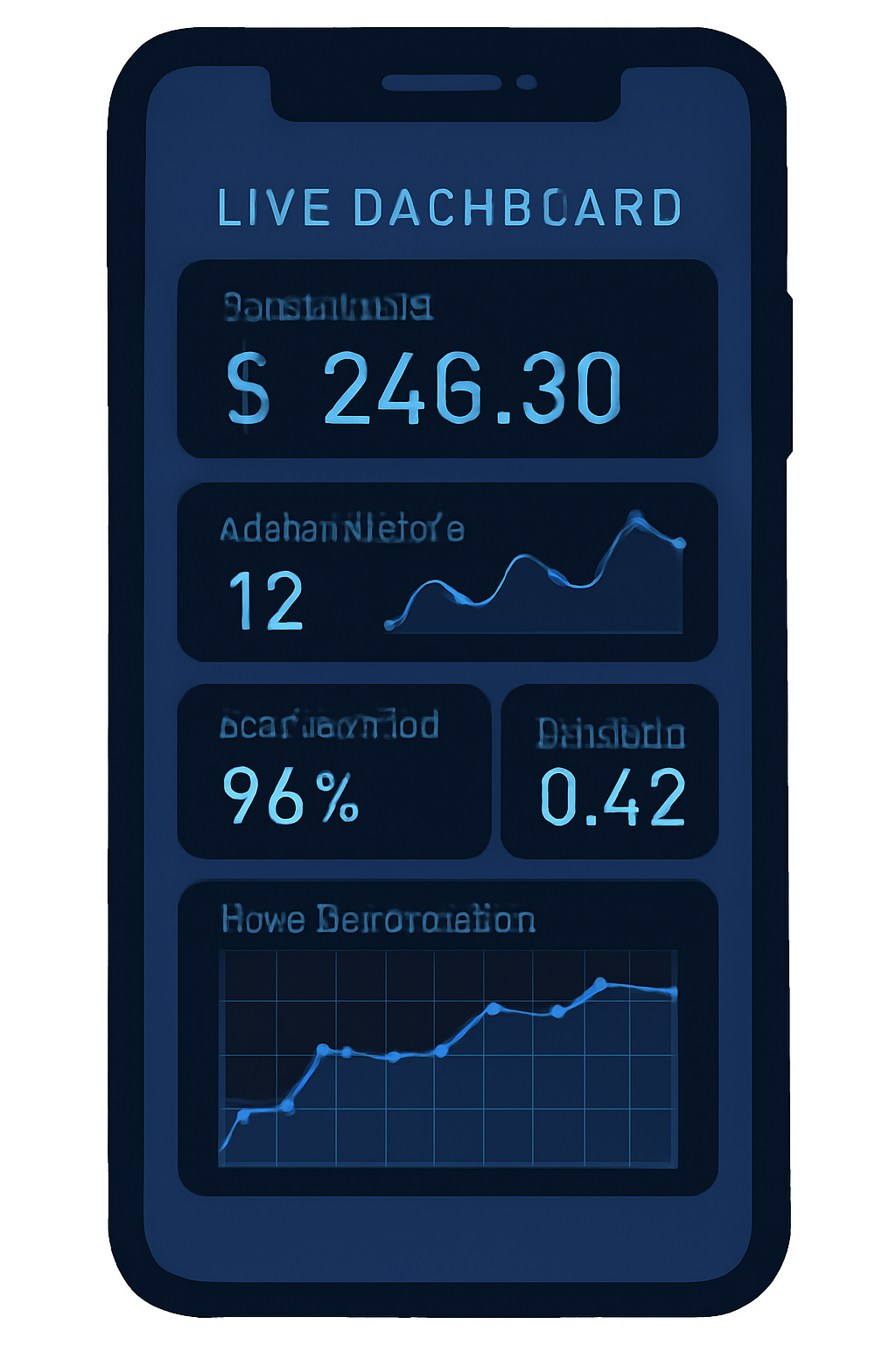 A smartphone screen showing a live dashboard with node performance metrics and earnings, in a futuristic, data-driven interface.