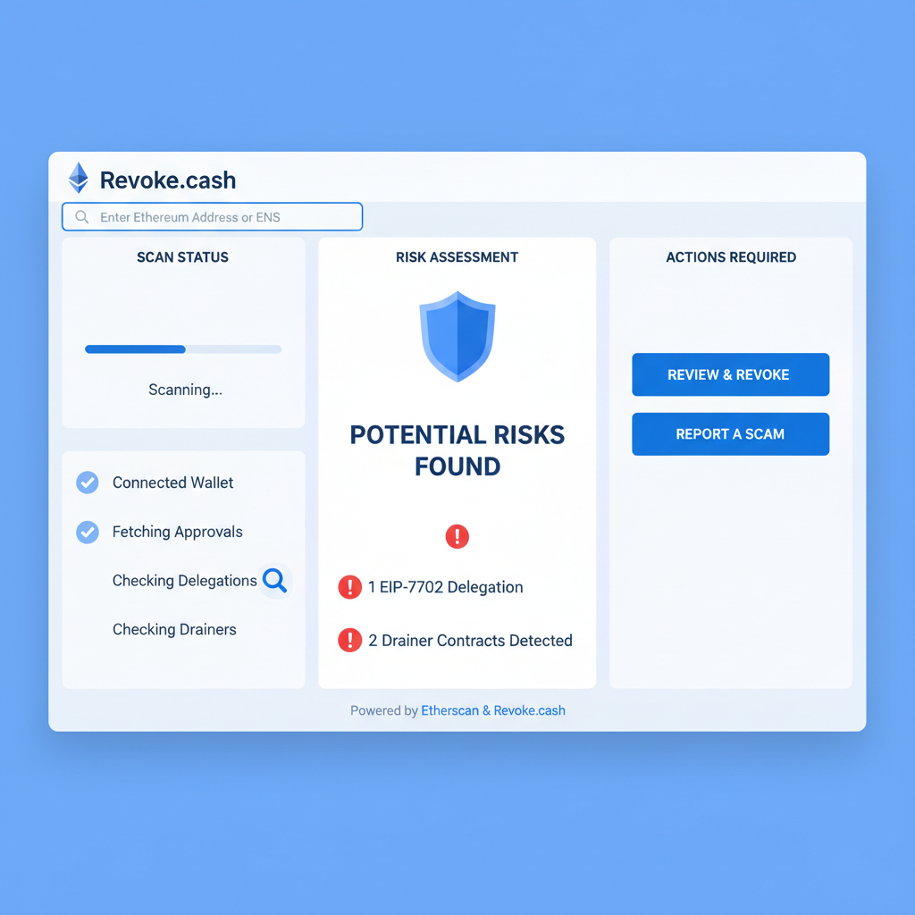 clean screenshot of Revoke.cash interface scanning Ethereum wallet for EIP-7702 delegations and drainer contracts, professional UI, blue tones