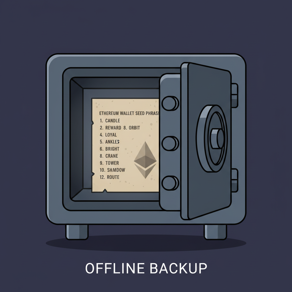 secure illustration of Ethereum wallet seed phrase written on paper inside a locked safe, offline backup theme, dark secure tones