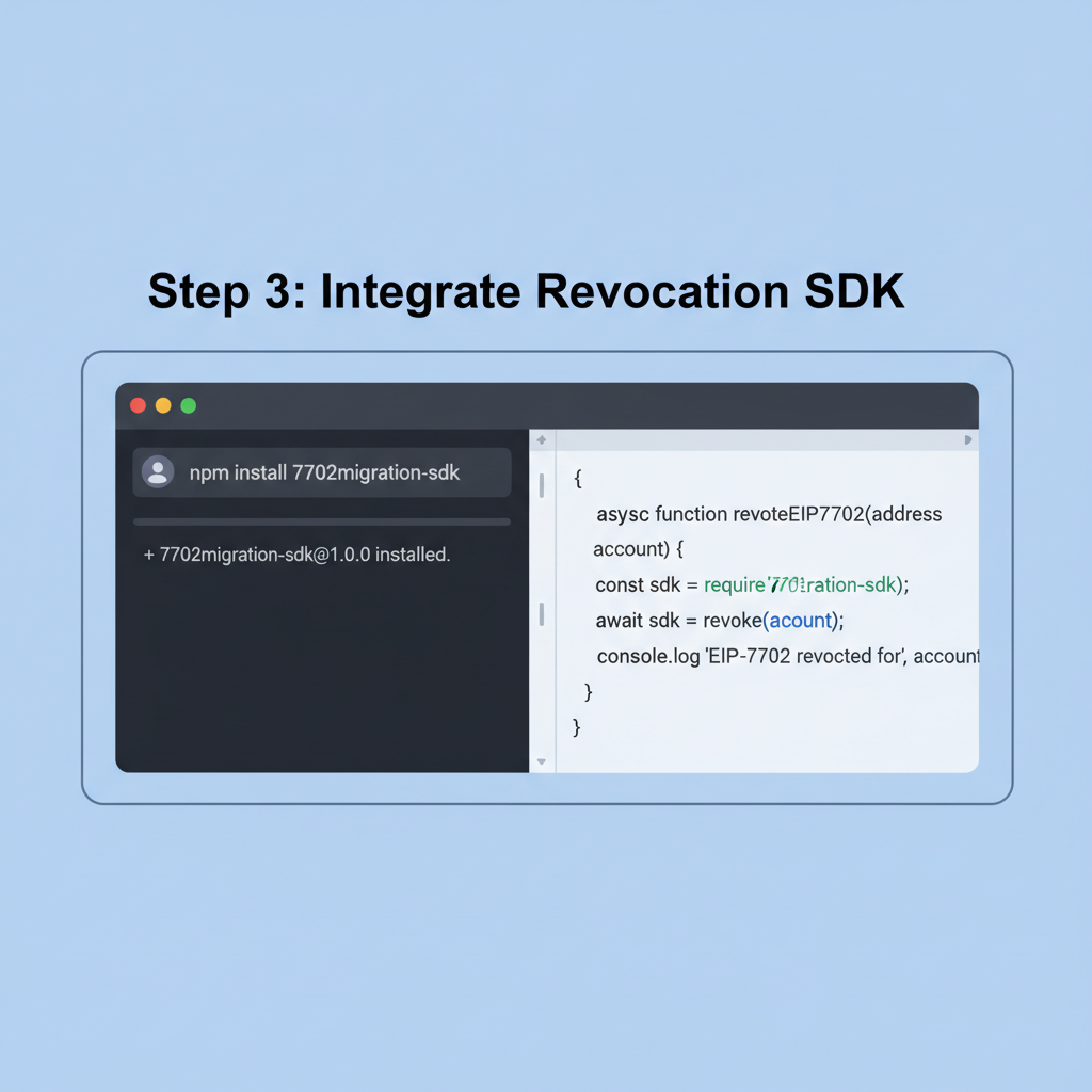 developer terminal with npm install 7702migration-sdk command and code integration snippet for EIP-7702 revocation, clean code syntax highlight