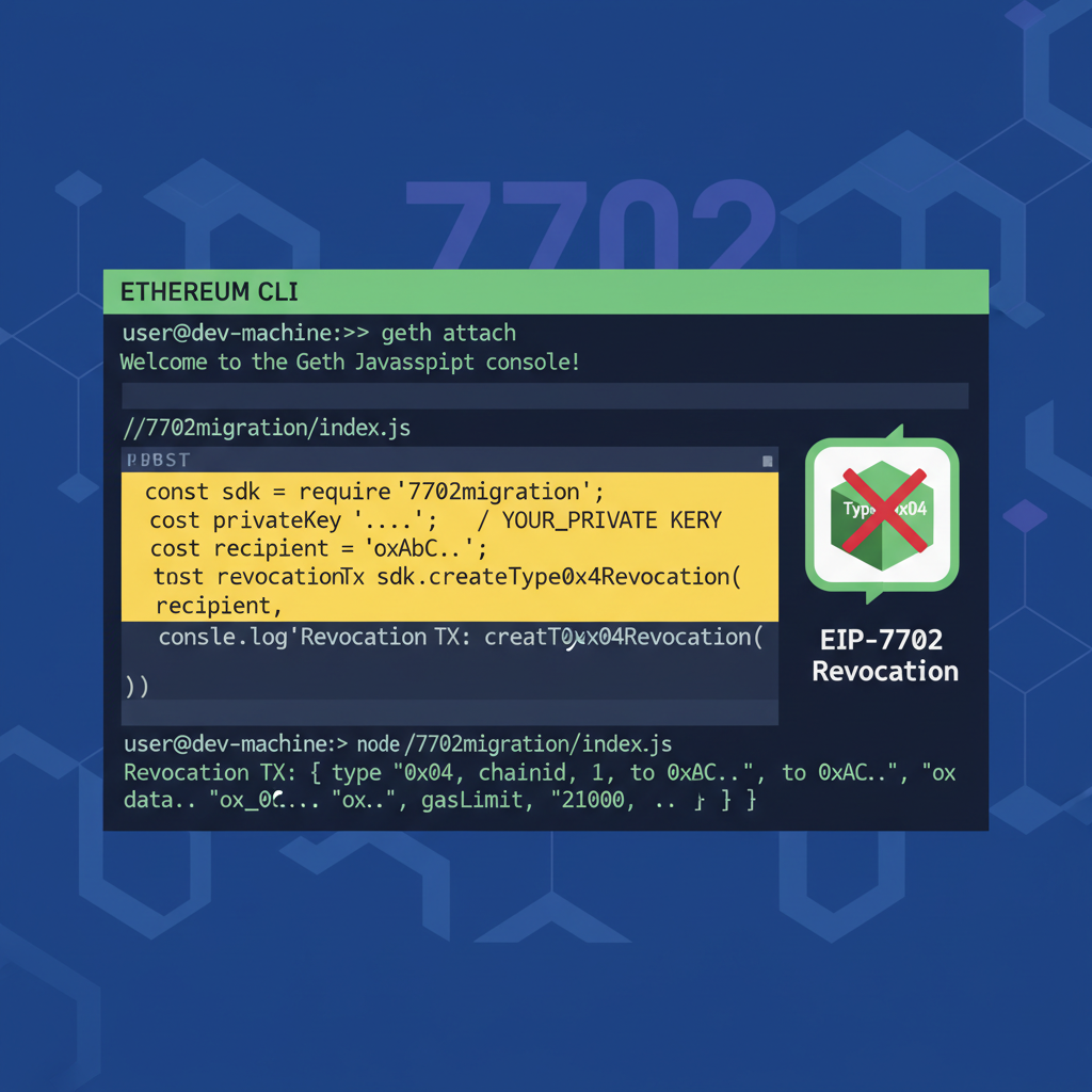 Ethereum developer terminal generating Type 0x04 EIP-7702 revocation transaction with 7702migration SDK code snippet