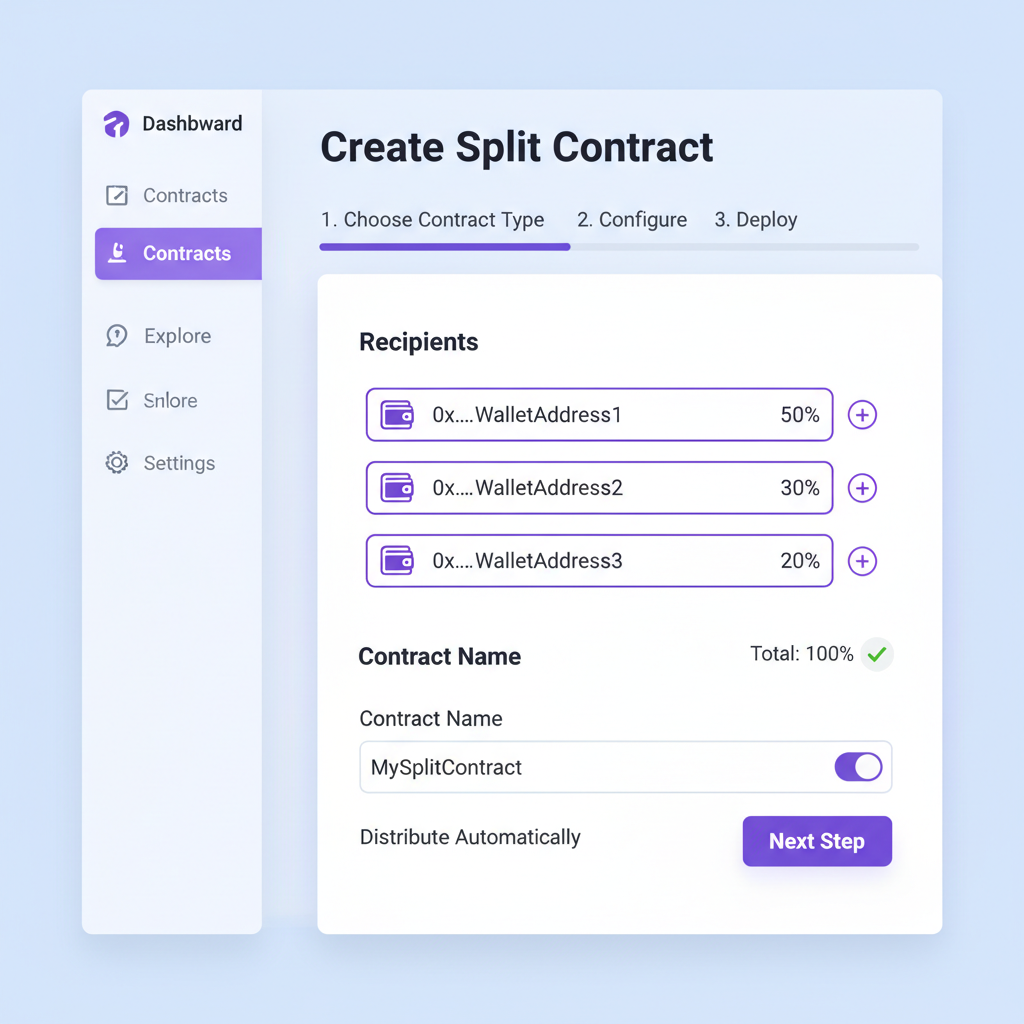 thirdweb dashboard creating split contract with wallet inputs