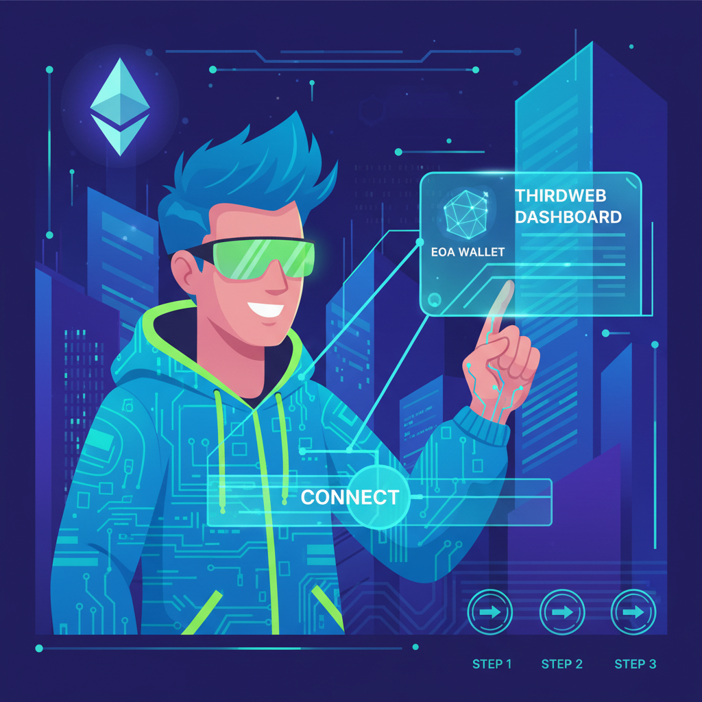 Energetic developer connecting EOA wallet to thirdweb dashboard on futuristic Ethereum interface, vibrant blues and greens, cyberpunk style