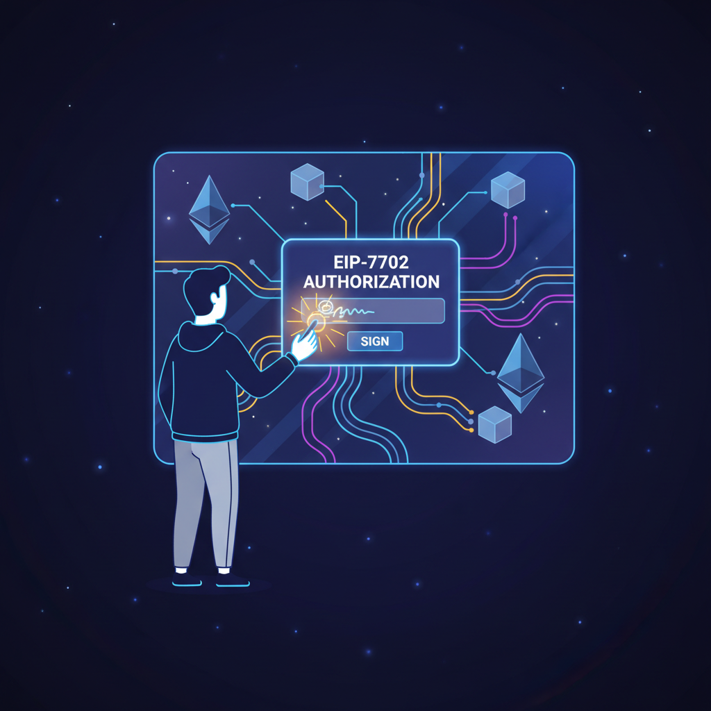 User signing EIP-7702 authorization on glowing Ethereum blockchain screen, authorization marker appearing, dynamic energy lines, neon glow