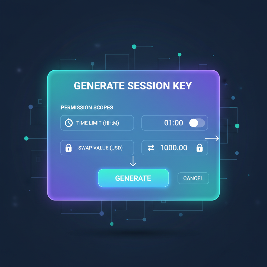 Generating session key with permission scopes like time limits and swap values on holographic DeFi dashboard, locks and timers icons, high-tech