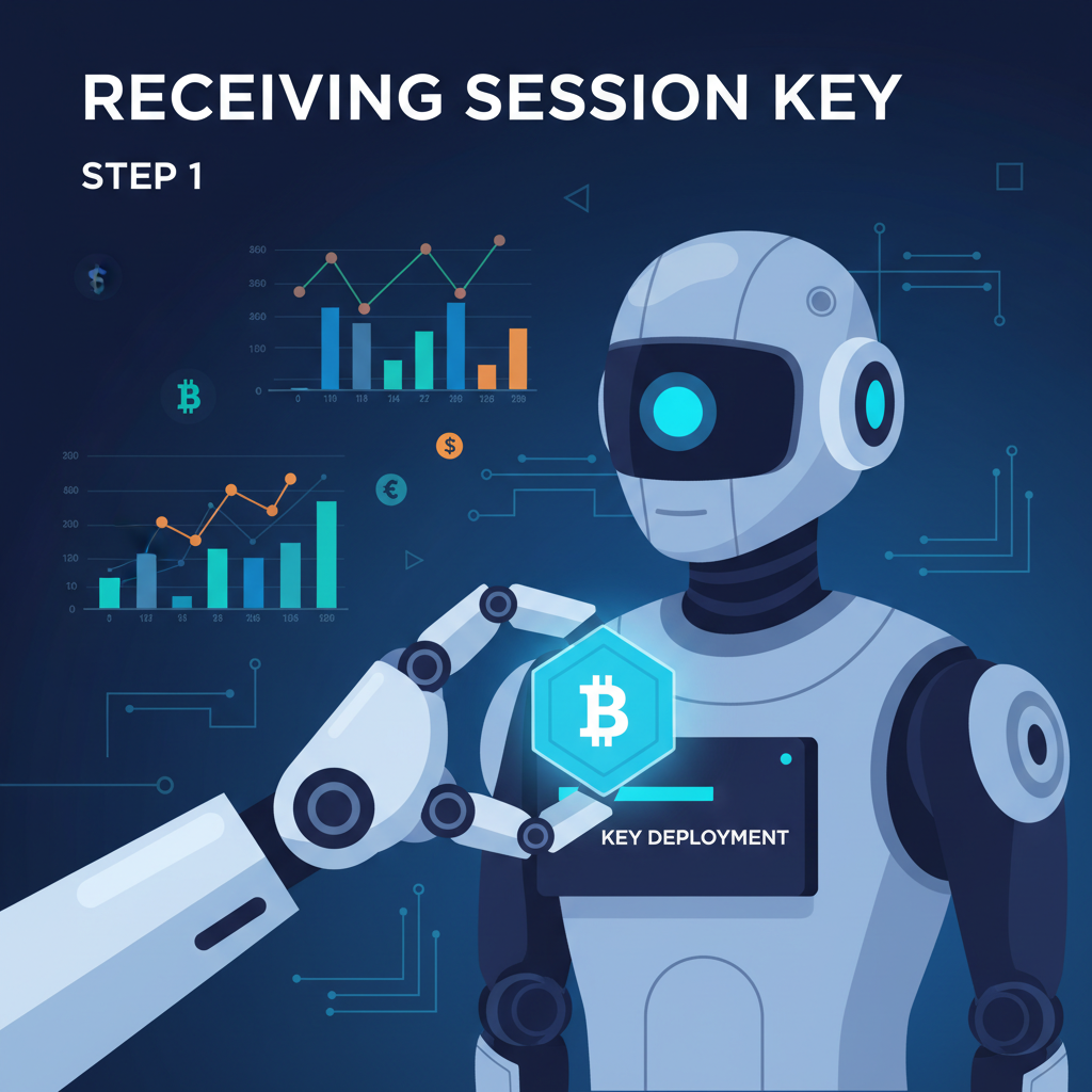 AI trading bot receiving session key deployment, robotic arm grabbing key, DeFi charts in background, futuristic automation vibe