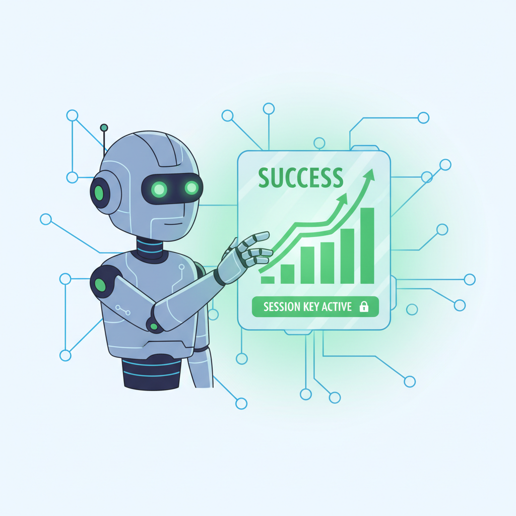 AI bot executing DeFi trades on smart wallet interface, success charts rising, session key active, energetic green success glow