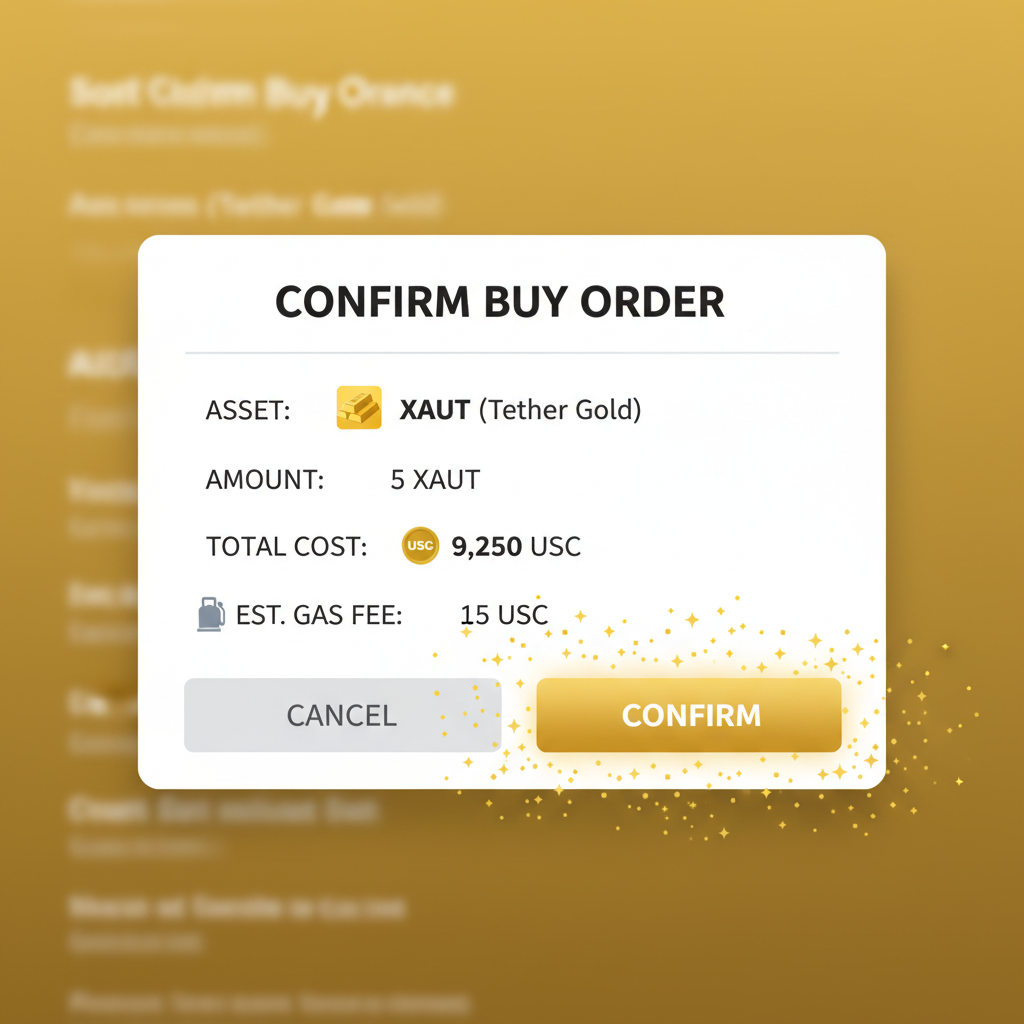 placing buy order for XAUT gold on DeFi exchange, confirmation popup, golden sparkles