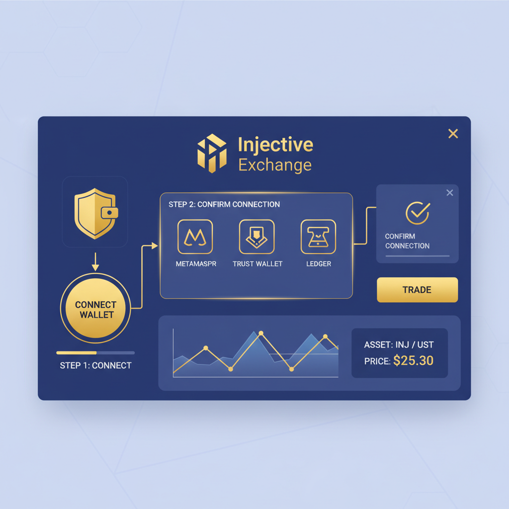 modern DeFi dashboard connecting wallet to Injective exchange, vibrant interface with gold theme