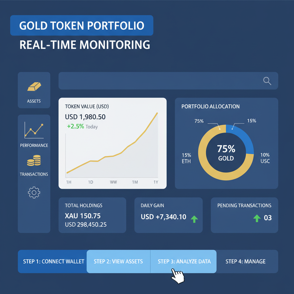 dashboard monitoring gold token portfolio, real-time charts and stats, elegant blockchain UI