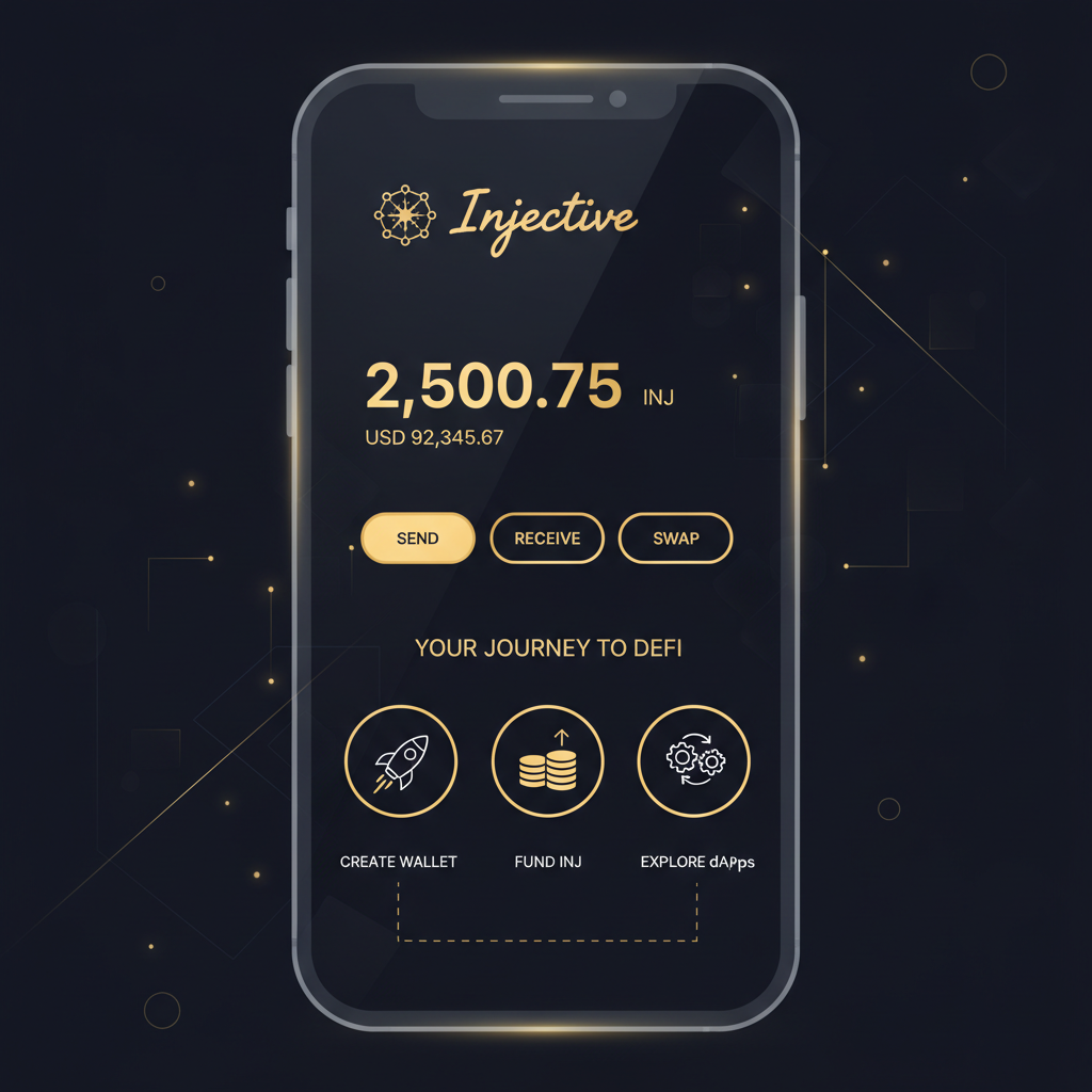 sleek mobile wallet app interface for Injective blockchain, futuristic design, gold accents