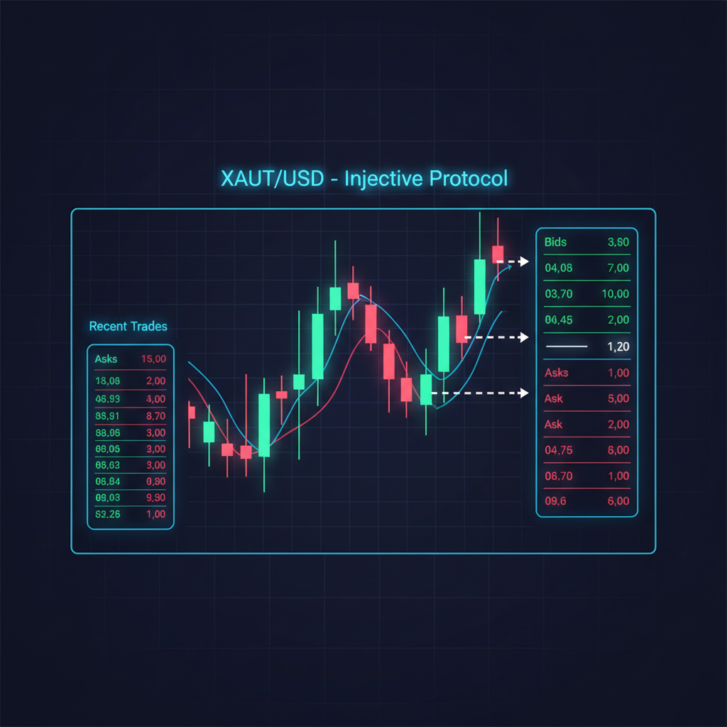 active trading chart for XAUT on Injective, candlesticks and order book, dynamic neon glow