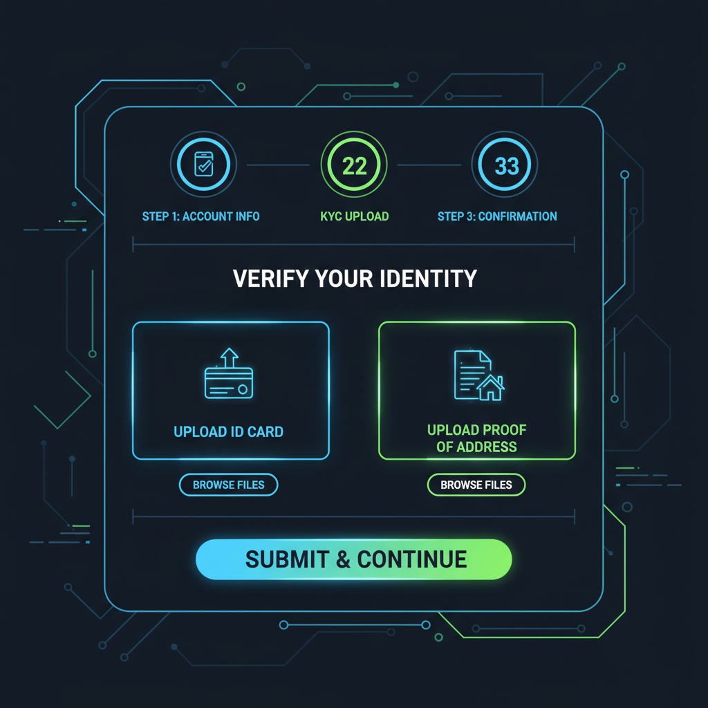 sleek website signup form with KYC document upload, futuristic UI, neon blues and greens, cyberpunk style