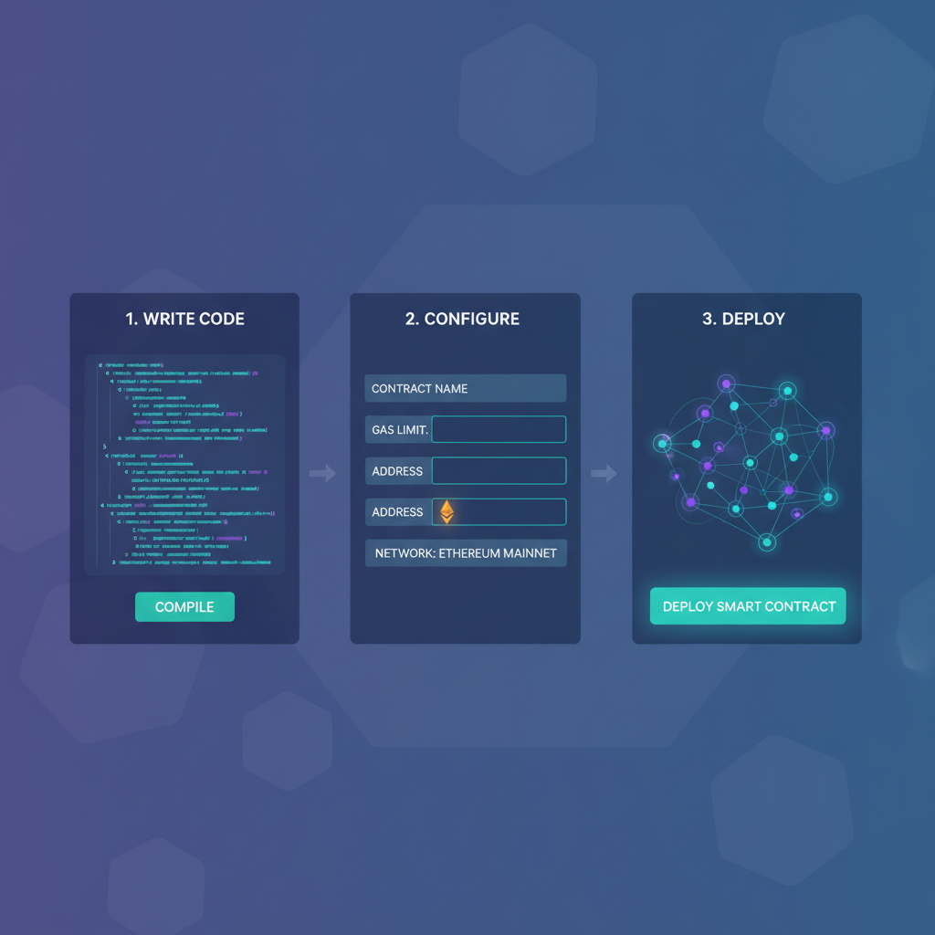 blockchain smart contract deployment interface, code snippets glowing, ethereum network visualization, high-tech dashboard