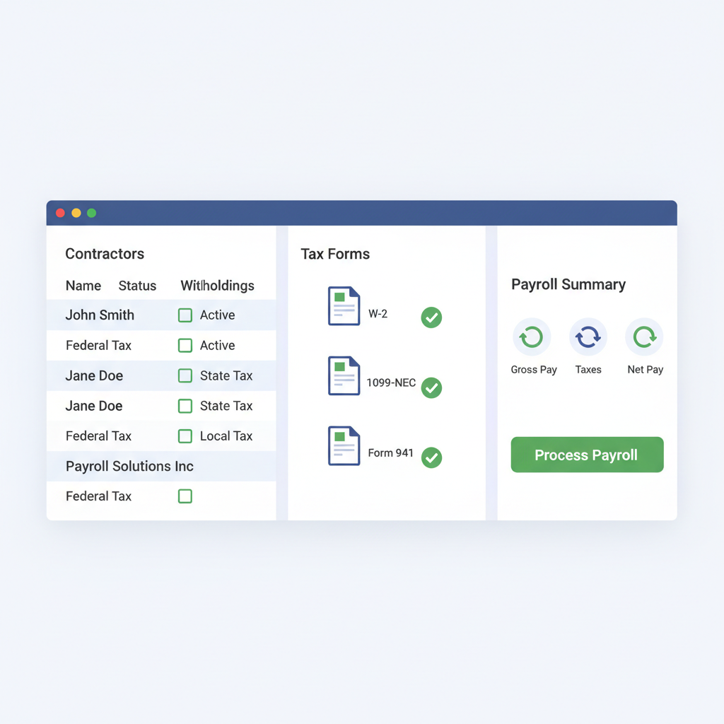 payroll dashboard with tax forms and contractor list, checkboxes for withholdings, professional interface, green checkmarks
