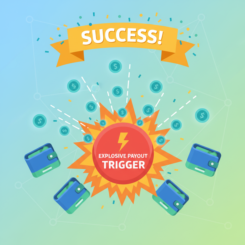 explosive payout trigger button, USDC coins flying to wallets, success animation, vibrant crypto transfer scene