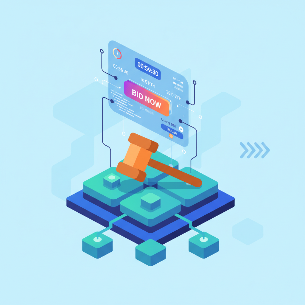 auction hammer on blockchain platform, bidding interface DeFi