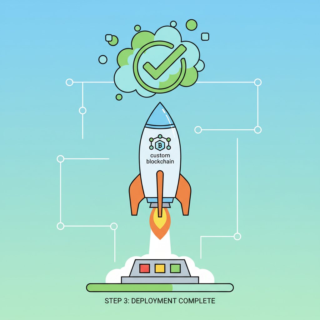 rocket launching custom blockchain, deployment success green check