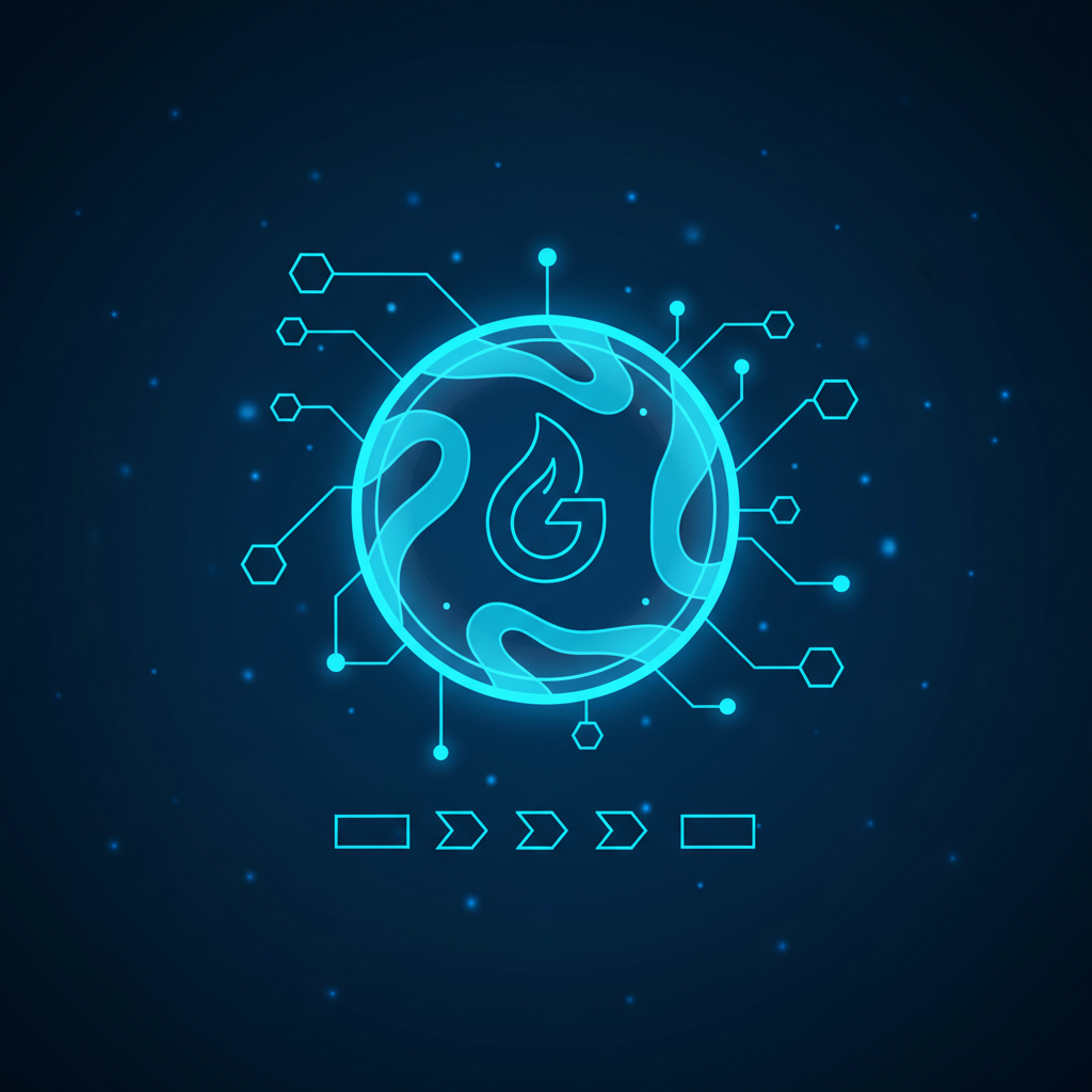 sleek glowing gas token coin in blockchain network, futuristic blue neon