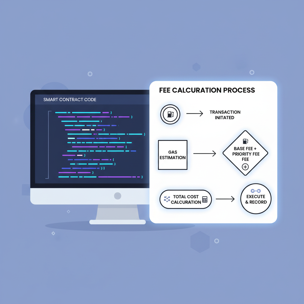 smart contract code glowing on screen, fee calculation flowchart