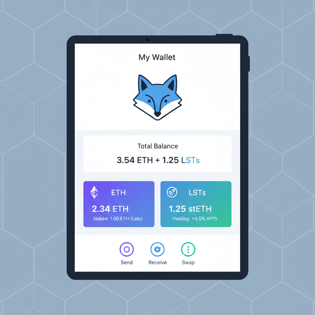 MetaMask wallet funded with ETH and LSTs, clean crypto interface, futuristic dashboard
