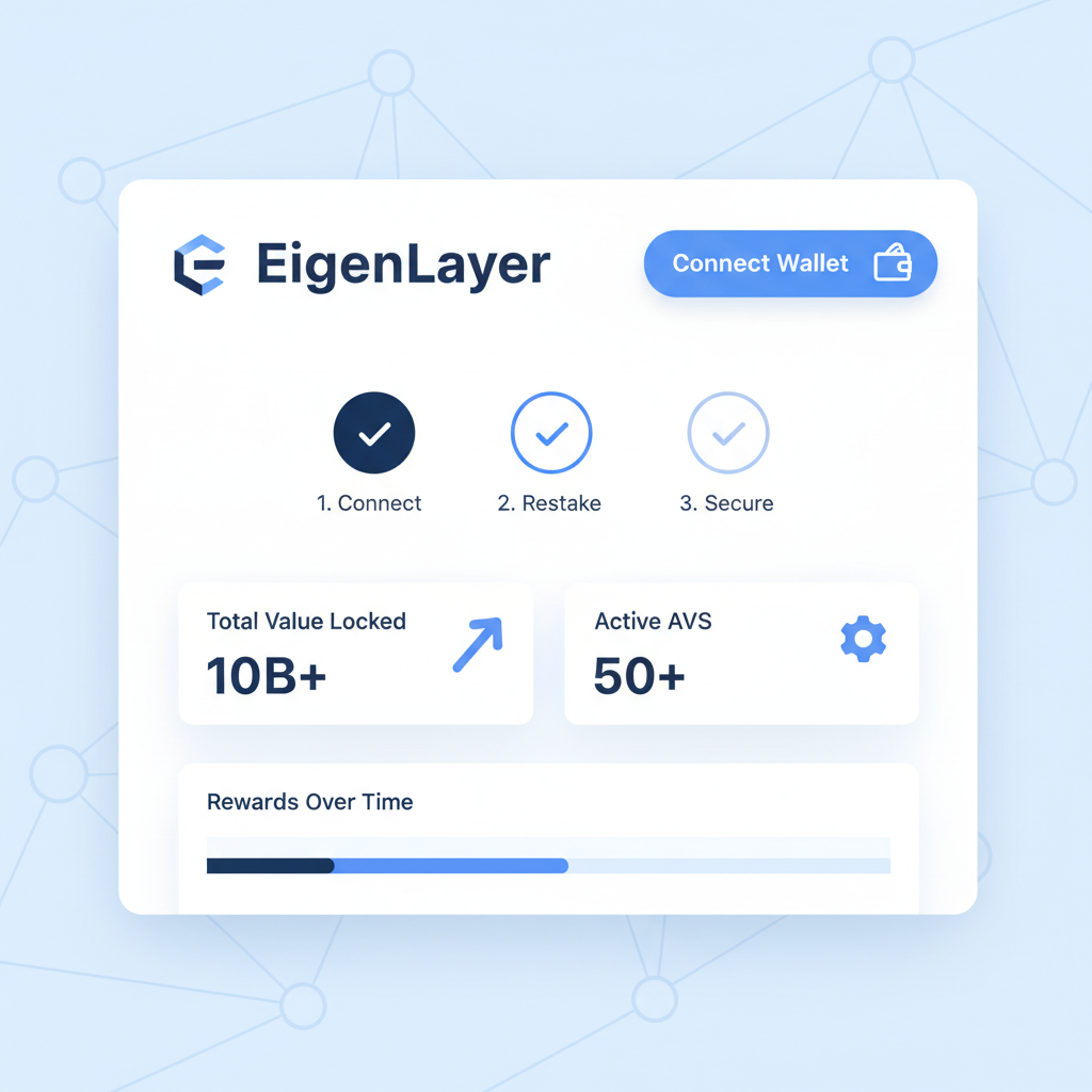 EigenLayer dashboard with wallet connect, professional web app UI, blue tones