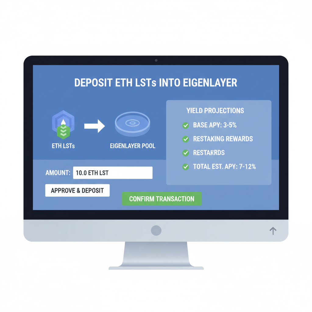 Depositing ETH LSTs into EigenLayer pool, transaction screen, yield projections