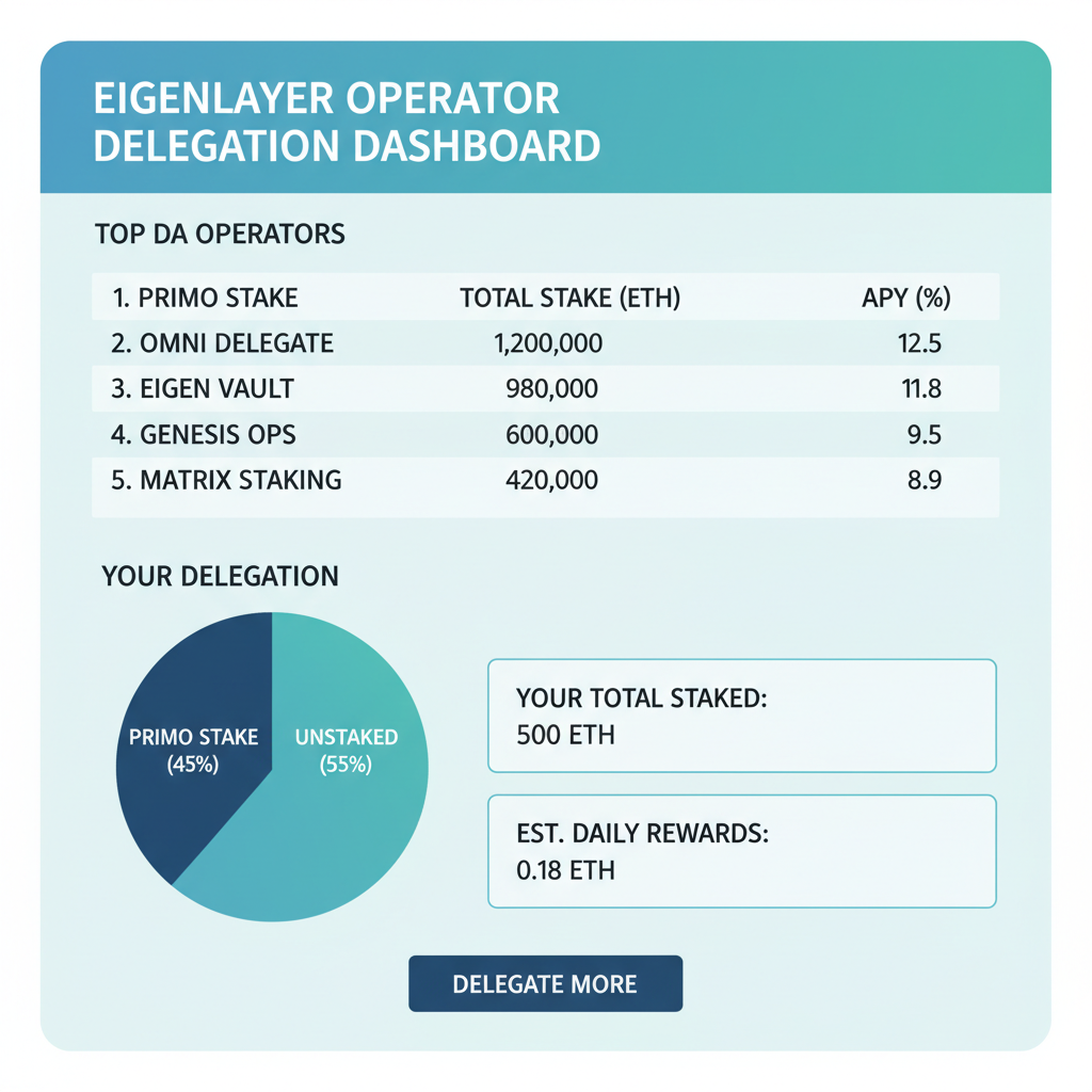 EigenLayer operator delegation dashboard, top DA operators listed, stats visible