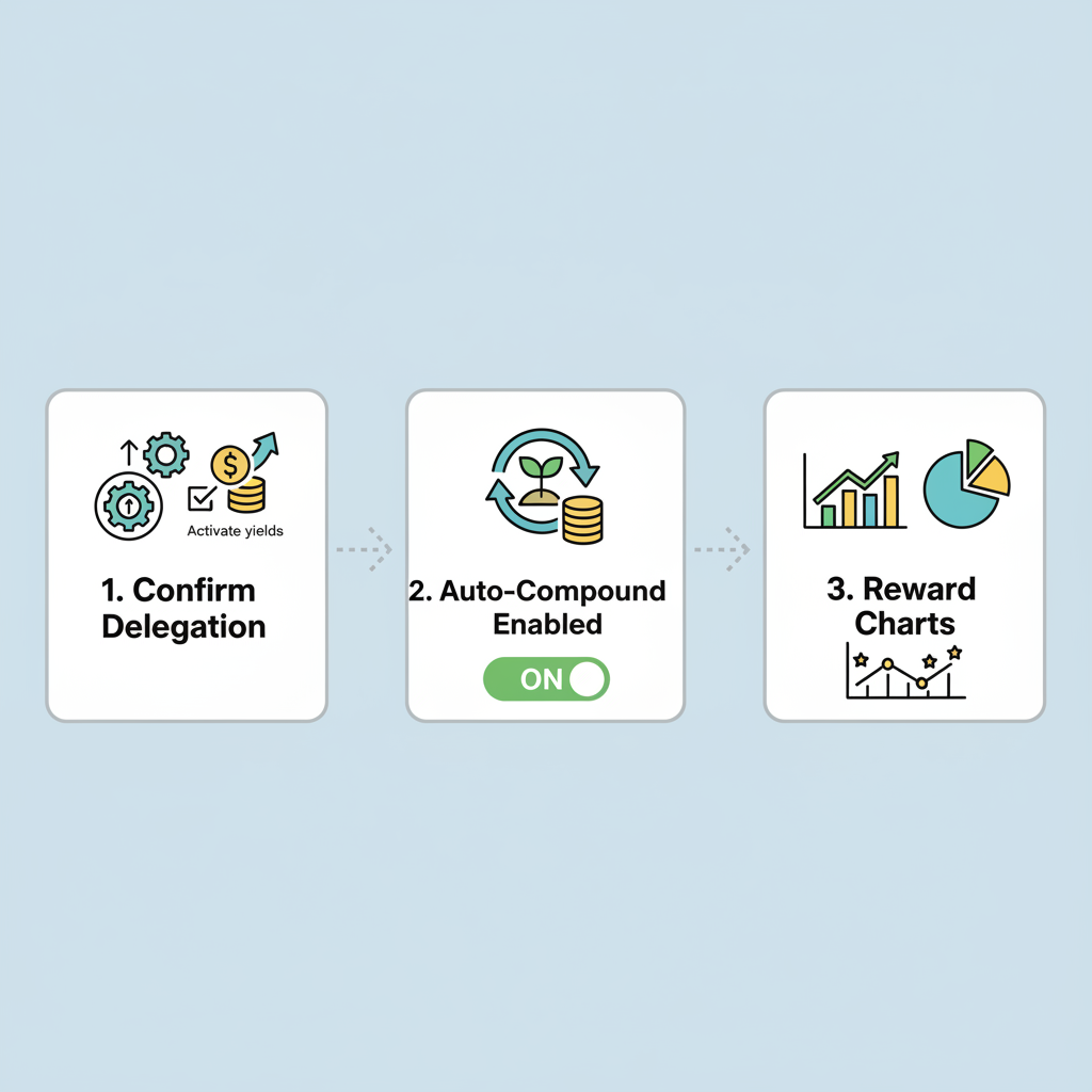 Confirming delegation and activating yields, auto-compound enabled, reward charts