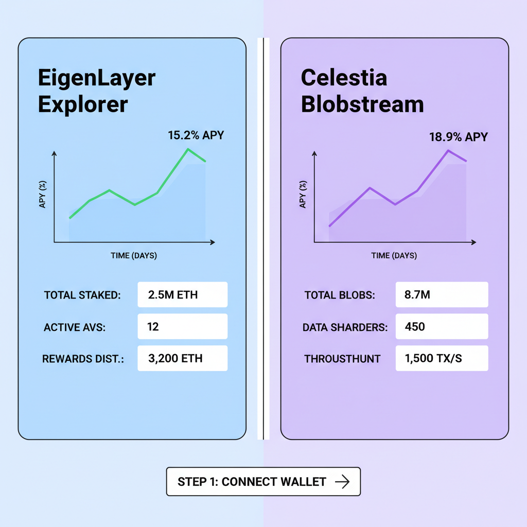 Dual dashboard EigenLayer Explorer and Celestia Blobstream, APY charts analytics