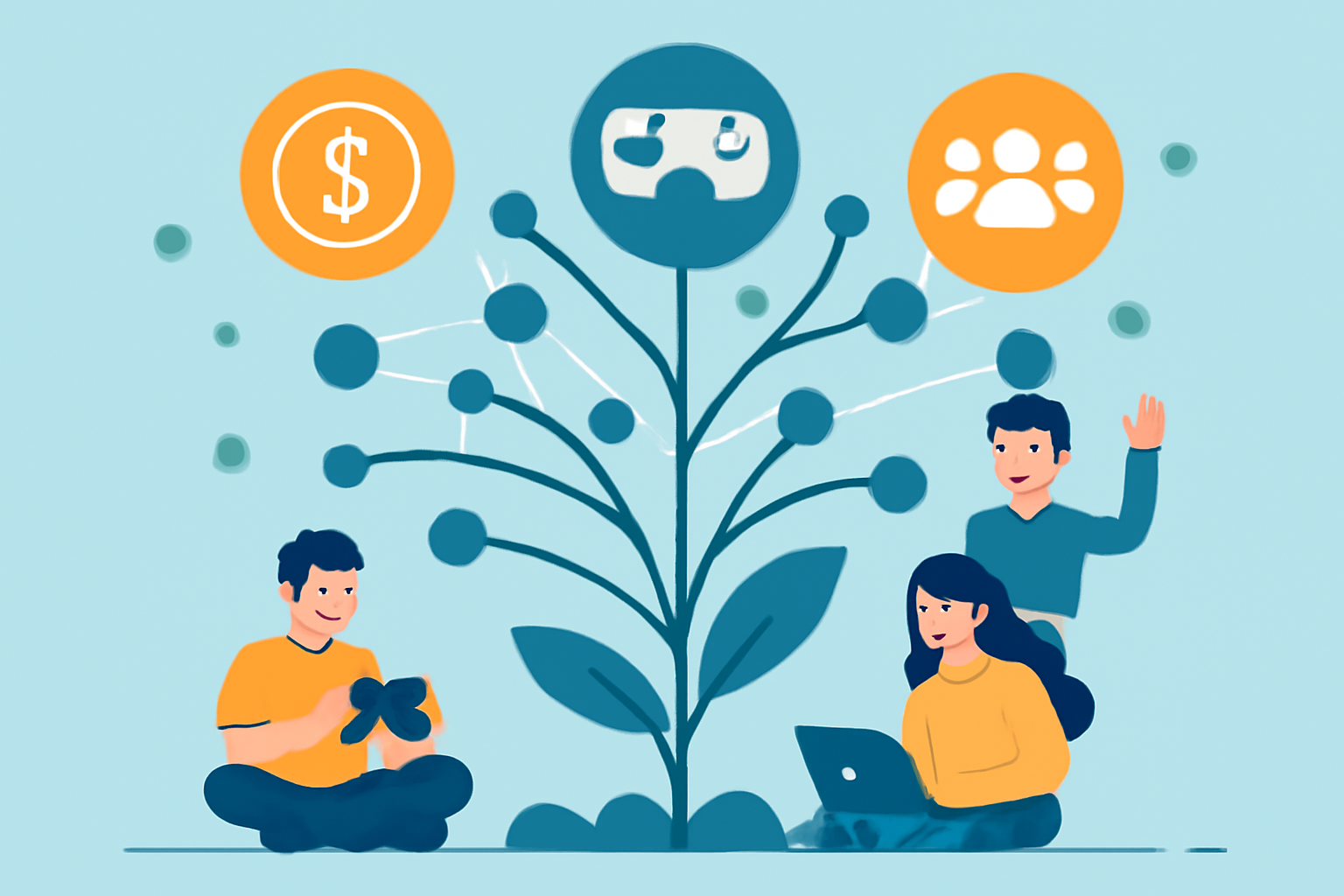 A flourishing digital ecosystem with interconnected nodes, gamers, and tokens, representing growth and community engagement in a futuristic gaming world.