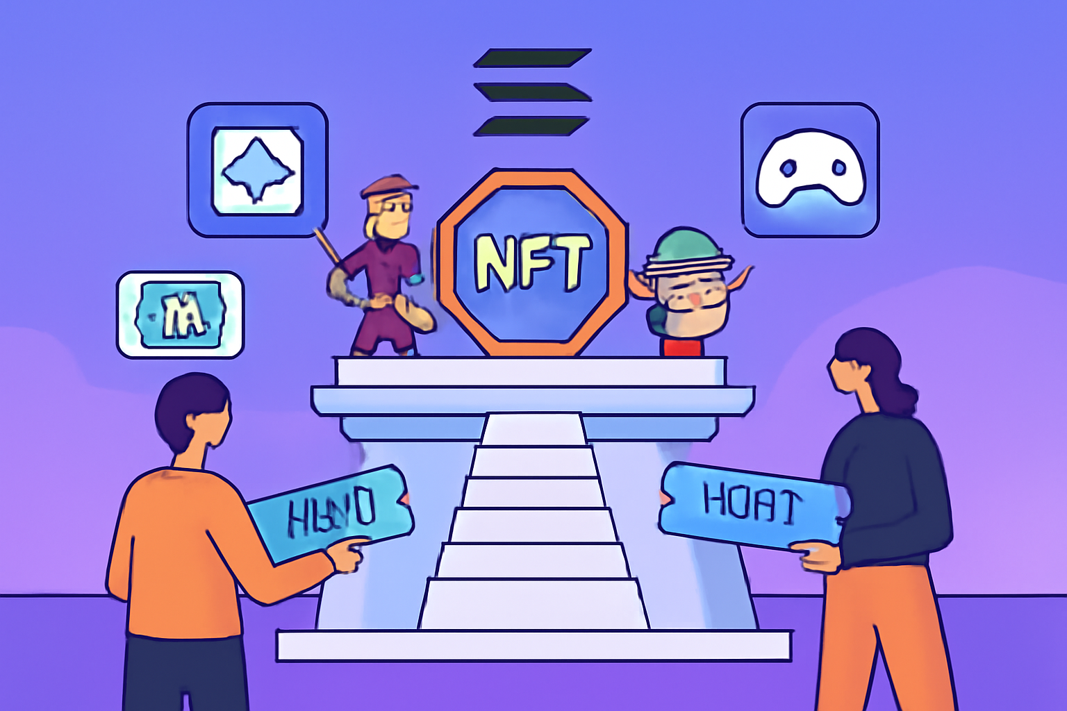 A futuristic launchpad platform with NFT icons, game characters, and players holding digital tickets, all set against a Solana-themed backdrop.