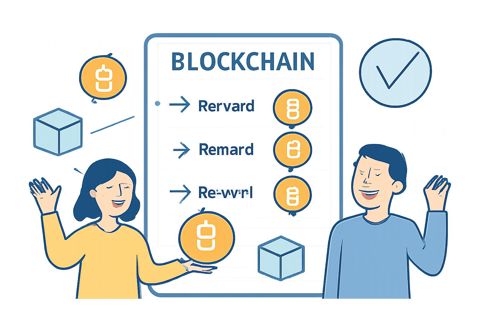 A transparent blockchain ledger with reward transactions, digital tokens, and happy community members, symbolizing fairness and trust.